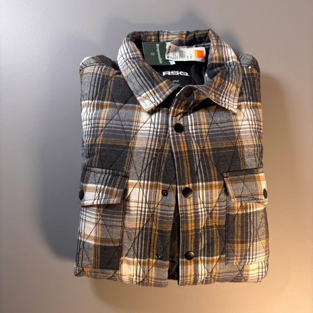 RSQ Men's Gray Plaid Quilted Snap Front Shirt Jacket‎ Size Small